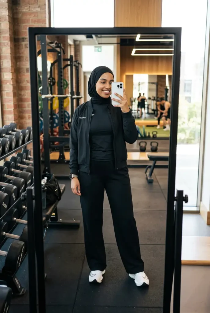 All-black athletic set at the gym — sporty black outfit ideas for women with hijab and white sneakers
