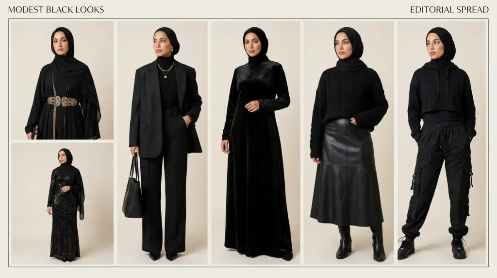 Editorial spread of modest black outfit ideas for women with hijab featuring multiple stylish looks