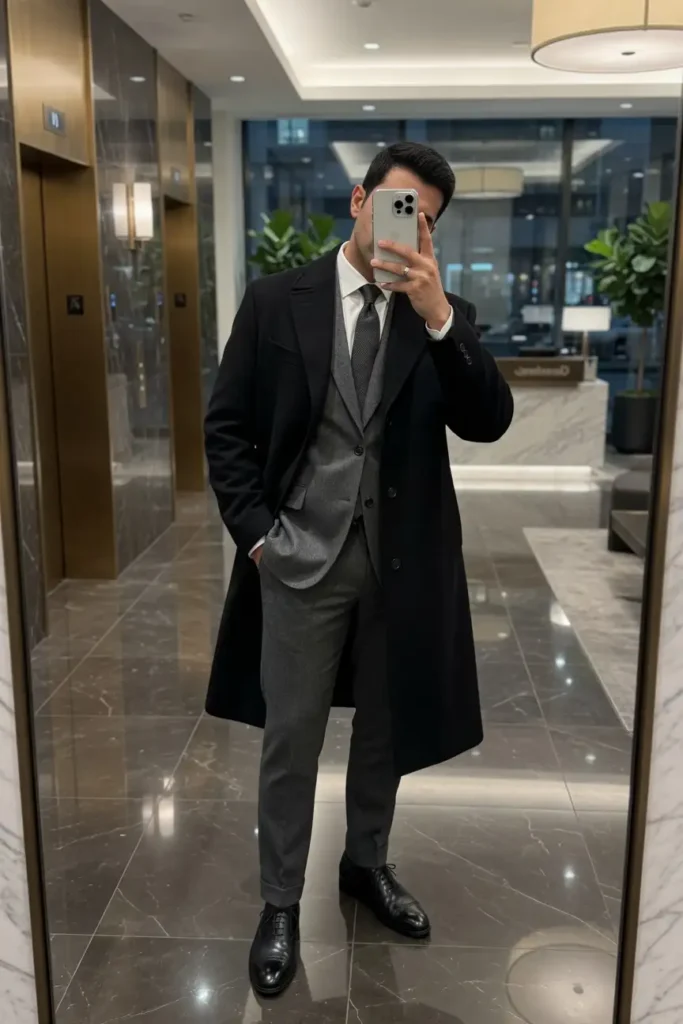Old money black outfit ideas for men: long black overcoat layered over a grey flannel suit with oxford shoes.