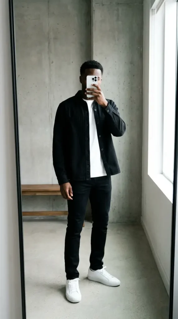 Casual black men outfit ideas: black overshirt layered over a white tee with slim jeans and white sneakers.
