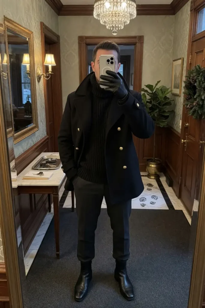 Old money black outfit ideas for men: navy peacoat with gold buttons over a black roll neck, gloves, and chelsea boots.