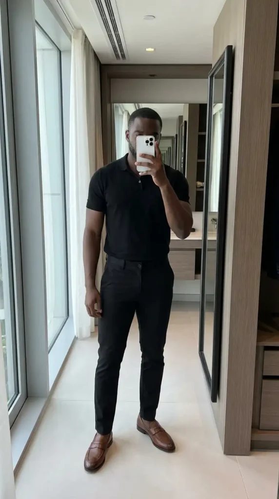 Casual black men outfit ideas: fitted black polo shirt, slim chinos, and brown penny loafers for a smart look.