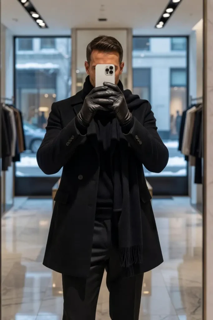 Old money black outfit ideas for men: all-black polo coat, knit sweater, tailored trousers, scarf and leather gloves.