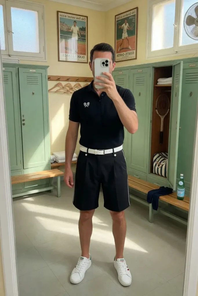 Old money black outfit ideas for men: black polo shirt with pleated shorts, white belt, and classic white sneakers.
