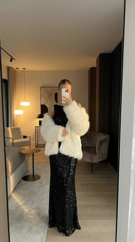 Black and White Outfit Ideas for Birthday Parties: black sequin gown draped with a luxe white faux fur stole.