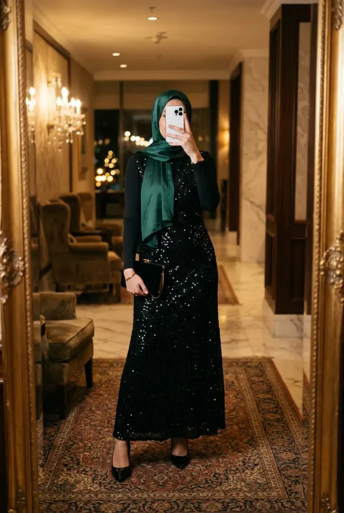 
Black sequin dress with green satin hijab and heels — glam black outfit ideas for women with hijab
