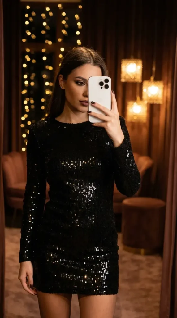 Black concert outfit ideas for women: long-sleeve black sequin mini dress glowing under warm ambient lighting