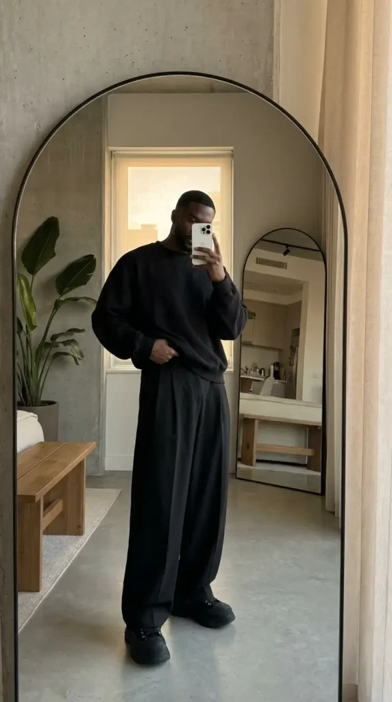 Casual black men outfit ideas: oversized crewneck sweatshirt with wide-leg trousers and chunky black sneakers