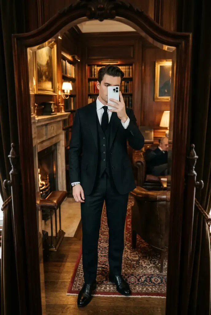 Old money black outfit ideas for men: sharp black three-piece wool suit with white shirt, black tie, and oxford shoes.