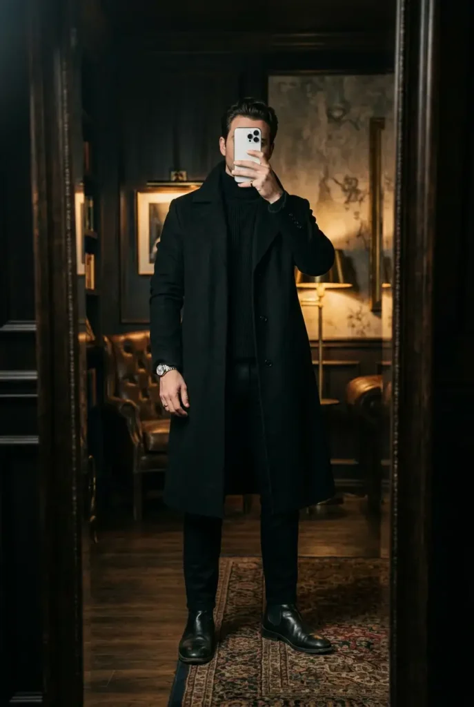 Old money black outfit ideas for men: black trench coat over a full black ensemble with sleek black leather loafers.