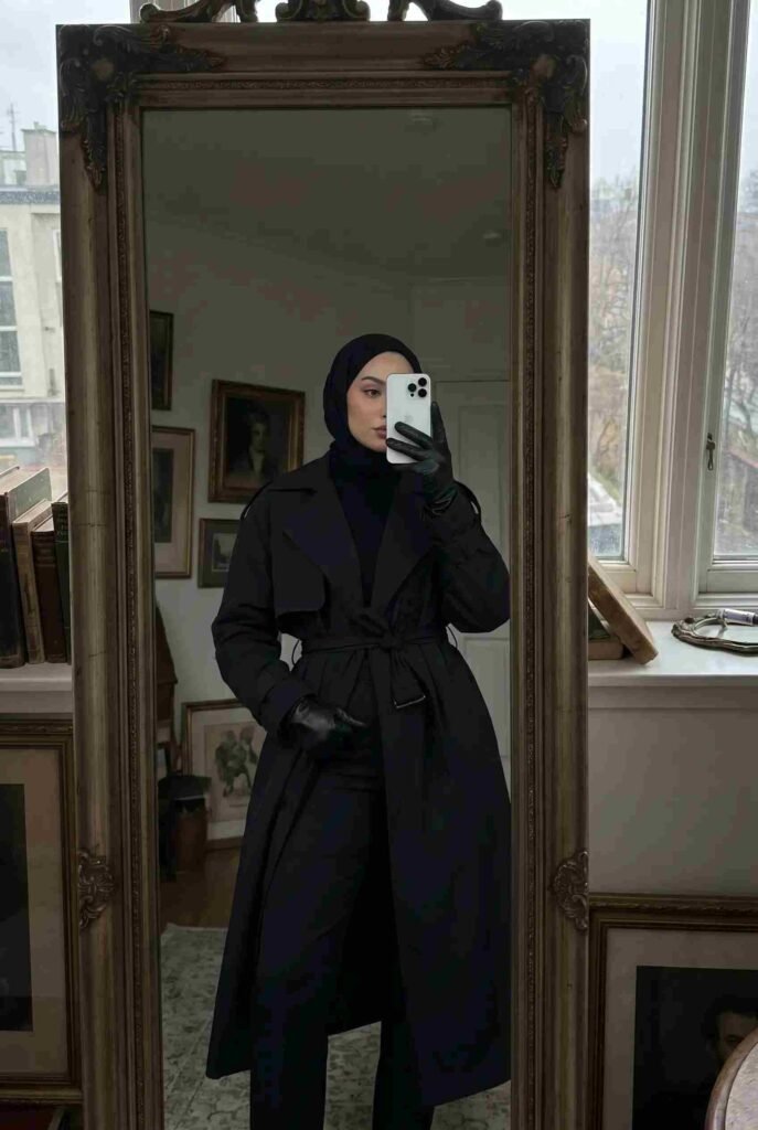 All-black belted trench coat with leather gloves — chic black outfit ideas for women with hijab