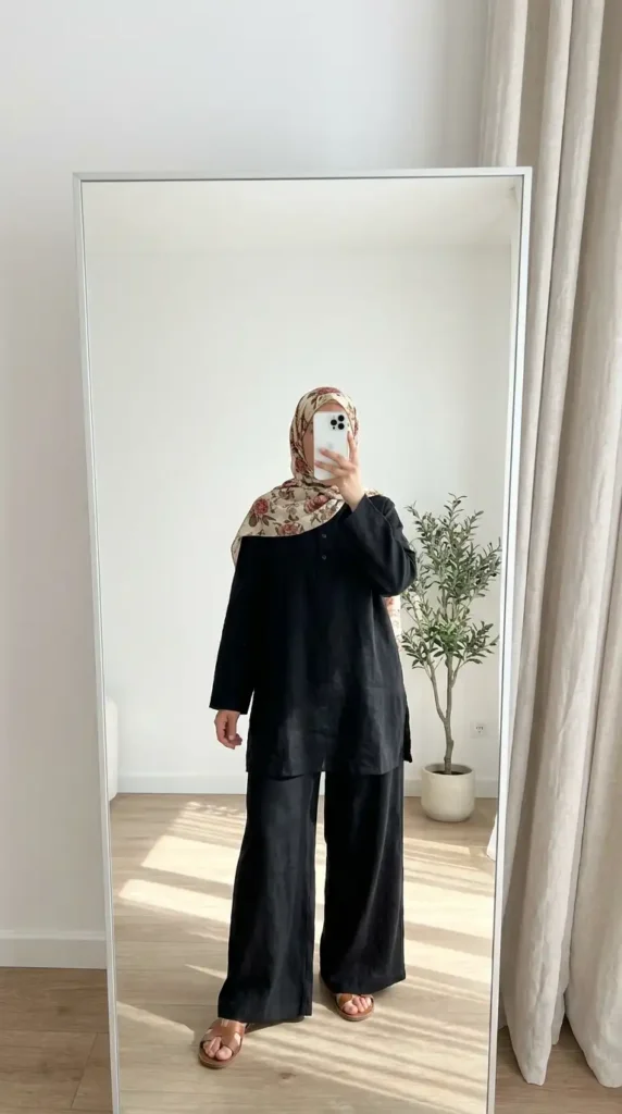 Black linen tunic and wide-leg palazzo pants — minimalist black outfit ideas for women with hijab