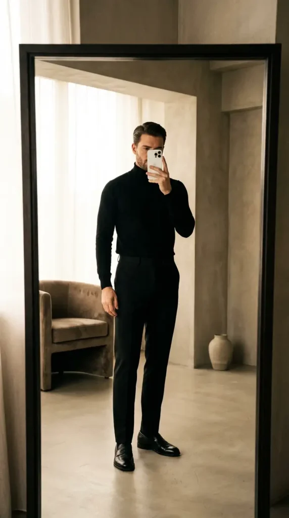 Casual black men outfit ideas: slim black turtleneck, tailored trousers, and black loafers for a minimal look.