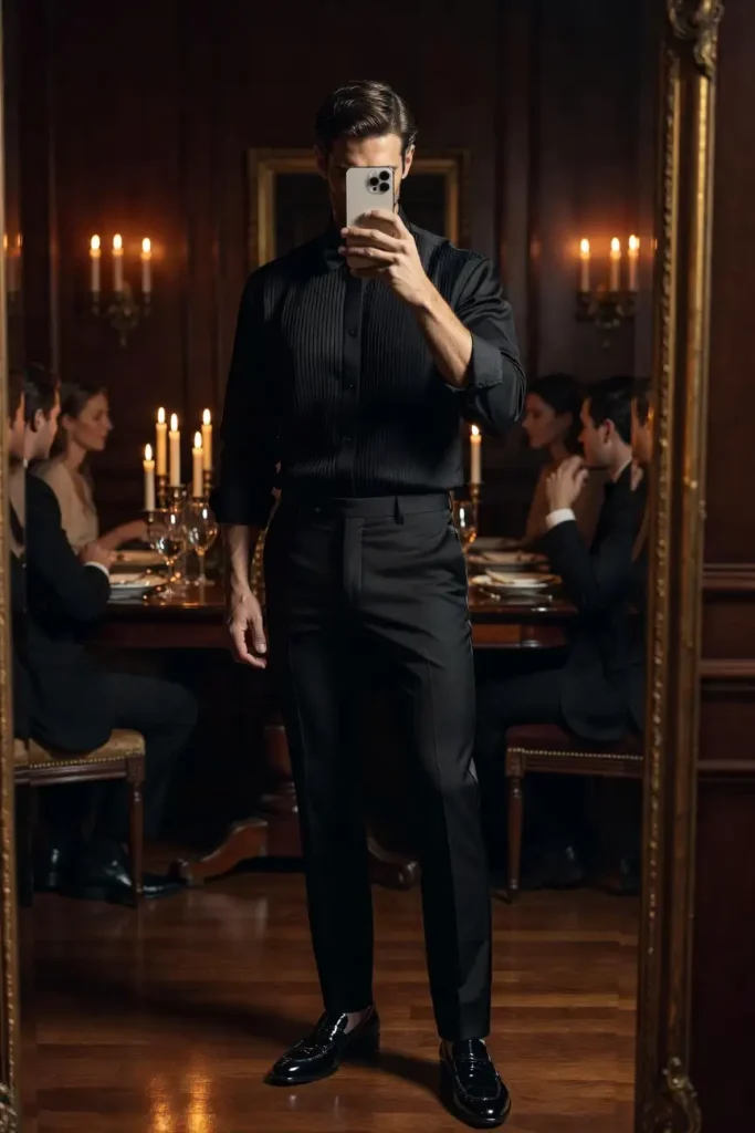 Old money black outfit ideas for men: black pleated tuxedo shirt with tailored trousers and patent leather loafers.
