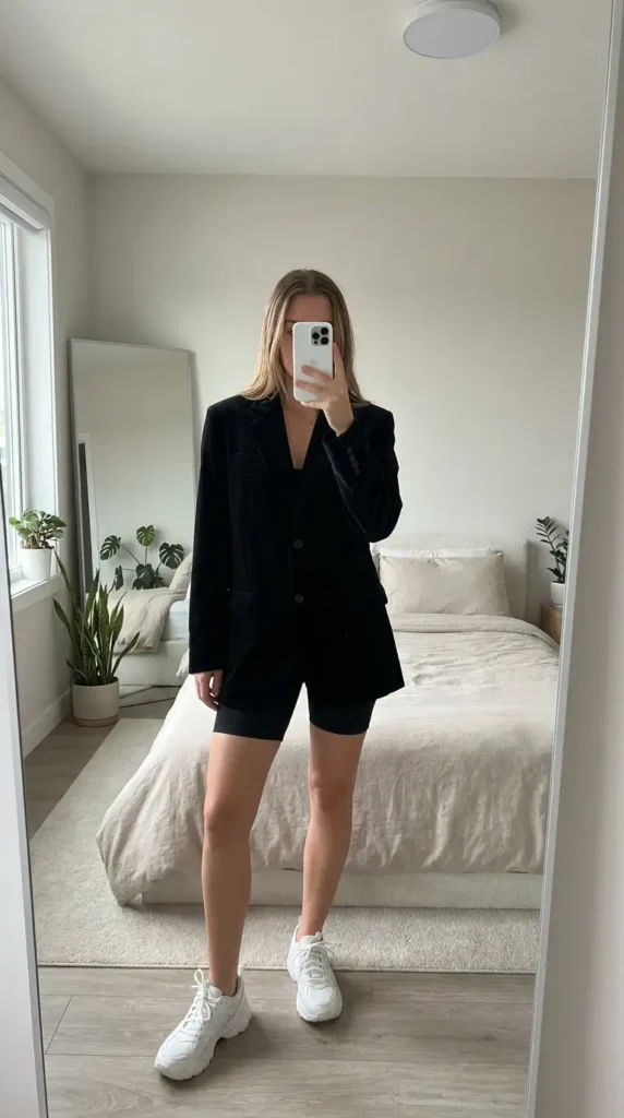 Black concert outfit ideas for women: oversized black velvet blazer over biker shorts with white chunky sneakers