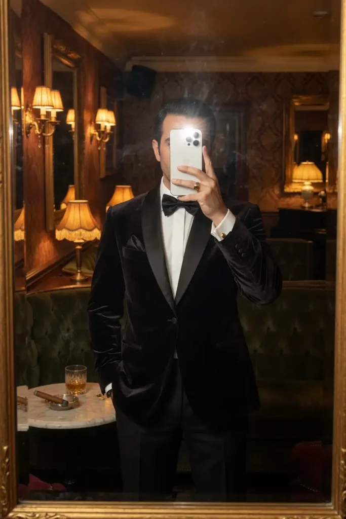 Old money black outfit ideas for men: black velvet smoking jacket with bow tie, white shirt and gold cufflinks