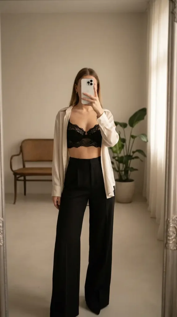 Black concert outfit ideas for women: black lace bralette with wide-leg trousers and an open cream satin shirt