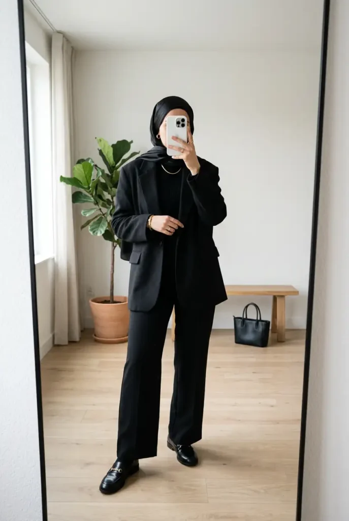 Oversized black blazer with wide-leg trousers and loafers — black outfit ideas for women with hijab