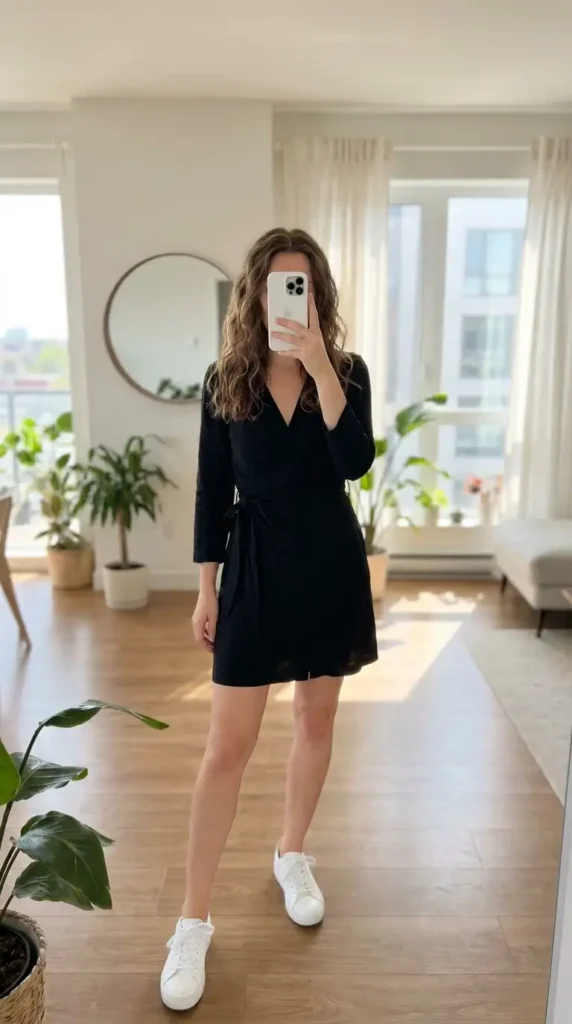 Black and White Outfit Ideas for Birthday Parties: casual black wrap dress styled with clean white sneakers.