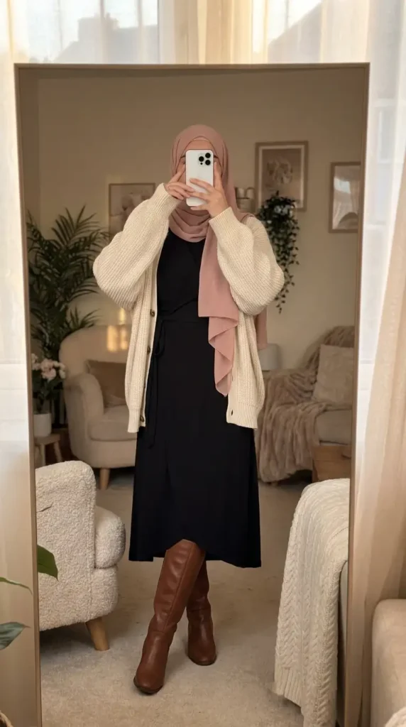 
Black wrap dress with cream cardigan and brown knee boots — black outfit ideas for women with hijab
