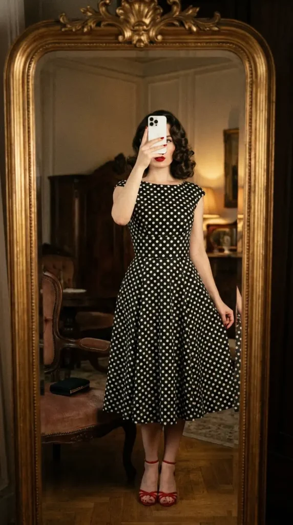 Wedding guest outfit ideas: retro black & white polka dot midi dress with red heels, mirror selfie.
