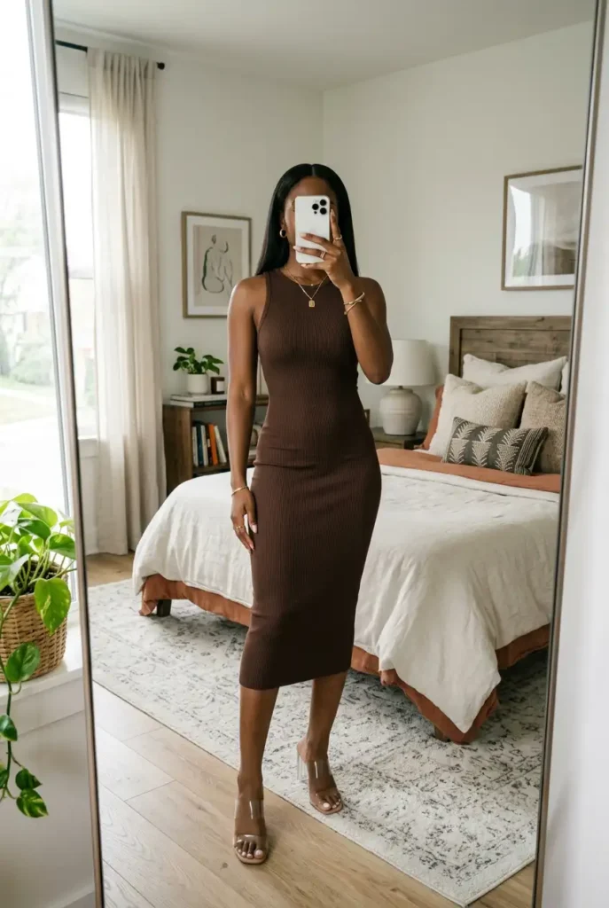 Elegant Black woman in brown ribbed bodycon midi dress with clear heels, posing for mirror selfie. Black Women Baddie Outfit Ideas.