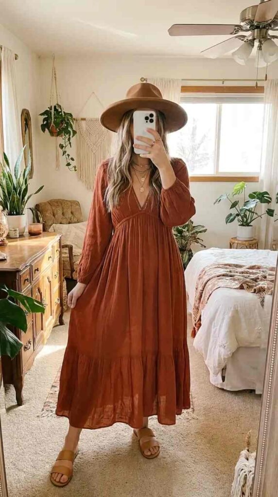 Casual Outdoor Pre-Wedding Outfit Ideas: rust boho maxi dress with wide-brim felt hat and tan sandals
