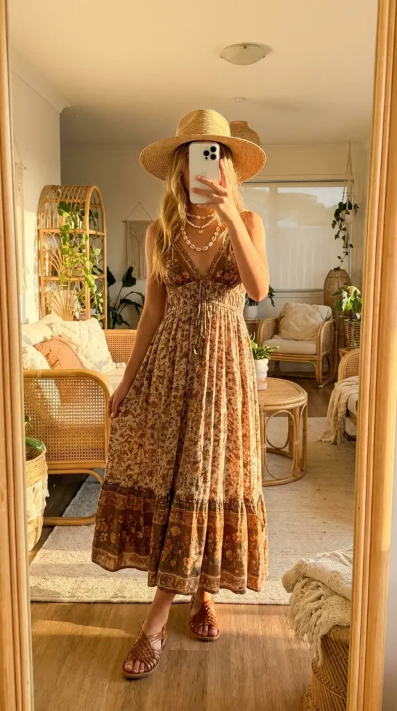 Summer Birthday Outfit Ideas for Teens: boho floral maxi dress, straw hat & strappy sandals mirror selfie