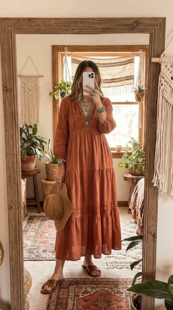 Wedding guest outfit ideas: boho rust tiered maxi dress with turquoise jewelry and straw hat
