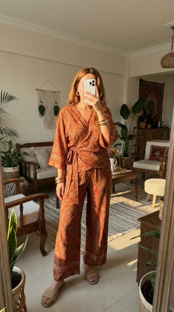 Dreamy 70s Boho Outfit Ideas: rust orange paisley print co-ord set with wrap top, wide-leg pants, and woven sandals.