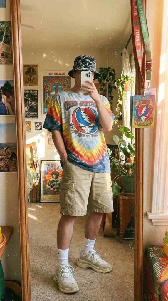 Tie-dye band tee, cargo shorts, and bucket hat — a relaxed 90s style outfit idea for men with chunky sneakers.