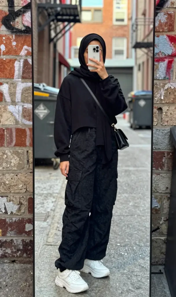 Black cargo pants with cropped hoodie and chunky sneakers — black outfit ideas for women with hijab
