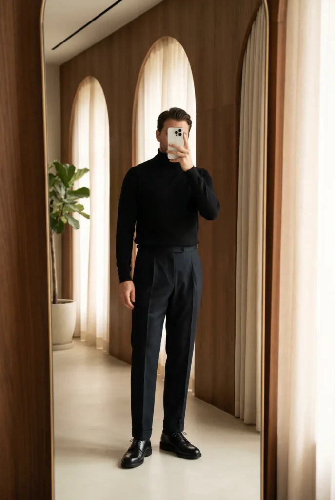 Old money black outfit ideas for men: black cashmere turtleneck with navy pleated trousers and black derby shoes.