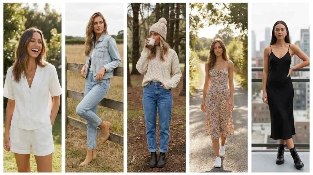 Five Casual Outdoor Pre-Wedding Outfit Ideas including linen sets, denim, knit sweater, and slip dress