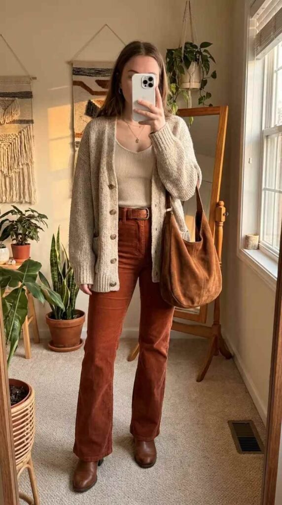 Dreamy 70s Boho Outfit Ideas: chunky oatmeal cardigan, rust flared jeans, brown boots, and a suede hobo bag.