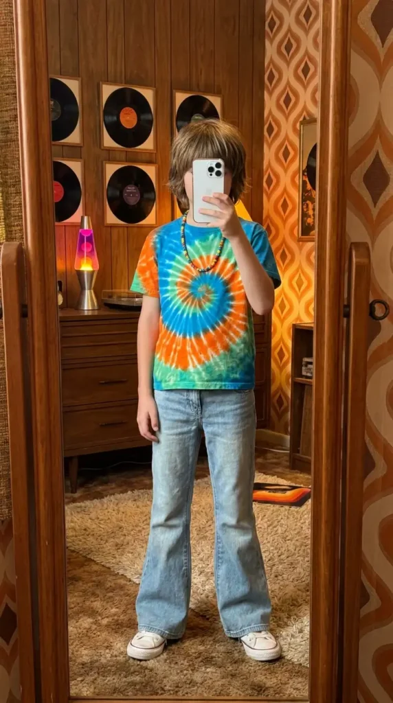 70s Outfit Ideas for Boys: tie-dye tee with swirl pattern, bell-bottom jeans, bead necklace, and white Converse sneakers.