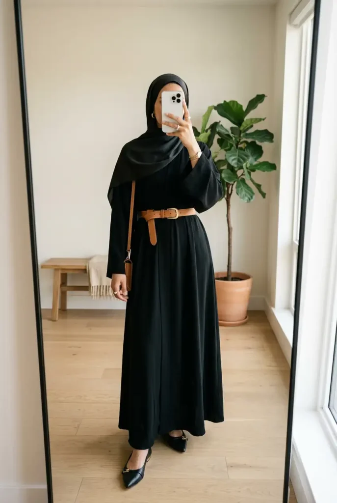 Classic black abaya cinched with a tan belt and black heels — black outfit ideas for women with hijab