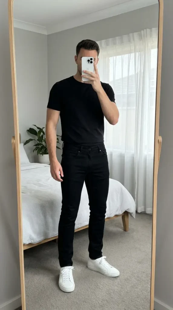 Casual black men outfit ideas: classic fitted black tee, slim black jeans, and clean white sneakers in a mirror.