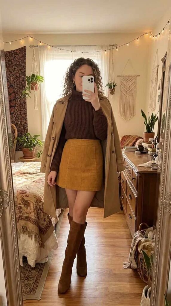 Dreamy 70s Boho Outfit Ideas: mustard corduroy mini skirt, brown turtleneck, tan trench coat, and tall brown boots