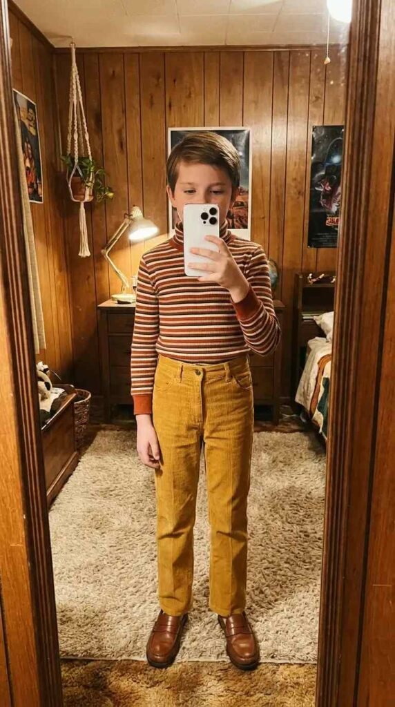 70s Outfit Ideas for Boys: striped turtleneck in earth tones paired with mustard yellow corduroy pants and brown loafers.