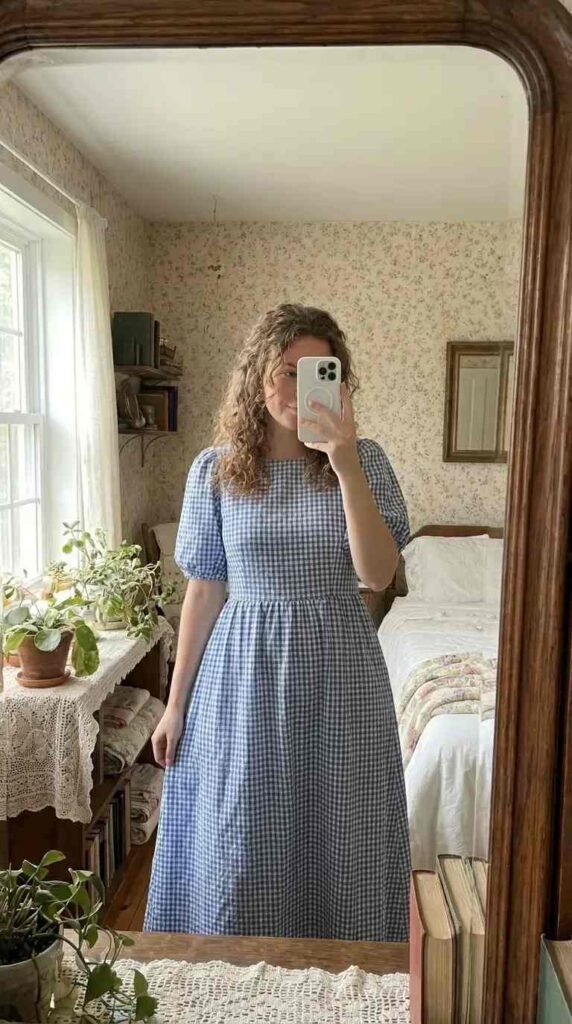 Casual Outdoor Pre-Wedding Outfit Ideas: blue gingham puff-sleeve midi dress in a cozy cottagecore setting