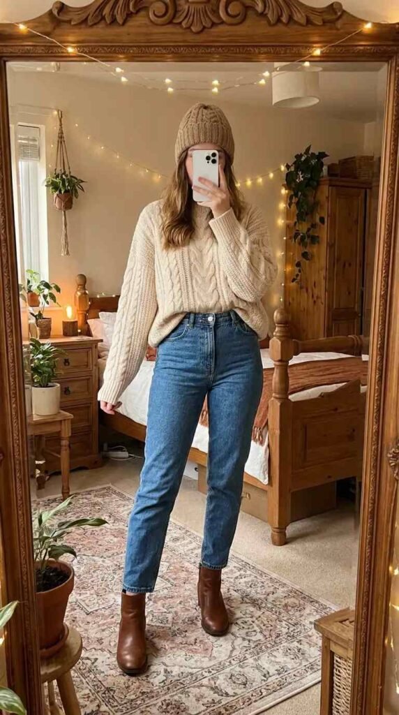 Casual Outdoor Pre-Wedding Outfit Ideas: cream cable-knit sweater with mom jeans, brown boots, and a beanie