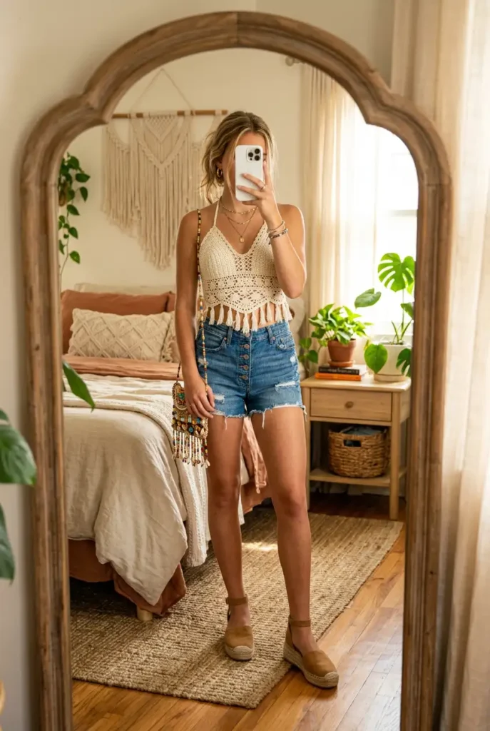 Summer Birthday Outfit Ideas for Teens: crochet halter top, denim cutoff shorts & espadrilles mirror selfie