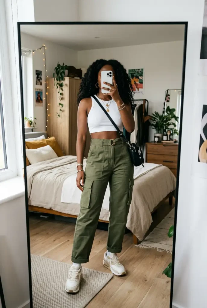 Trendy Black woman rocking white crop top with olive green cargo pants and sneakers. Black Women Baddie Outfit Ideas.