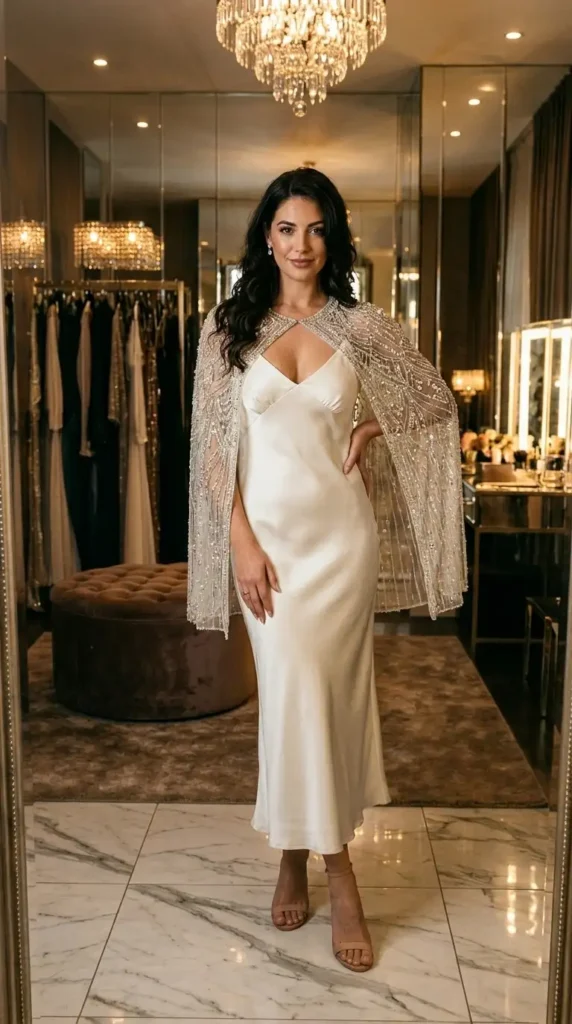 Crystal-beaded cape over ivory satin slip dress — a glamorous ethereal wedding outfit idea