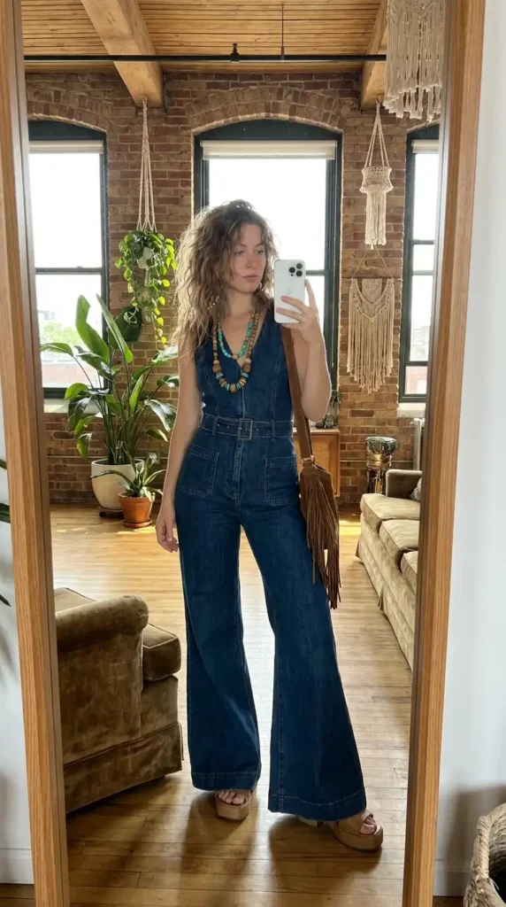 Dreamy 70s Boho Outfit Ideas: dark denim wide-leg jumpsuit with beaded necklace, fringe bag, and platform sandals.
