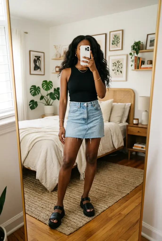 Black woman in black fitted tank and light wash denim mini skirt with platform sandals, mirror selfie. Black Women Baddie Outfit Ideas.
