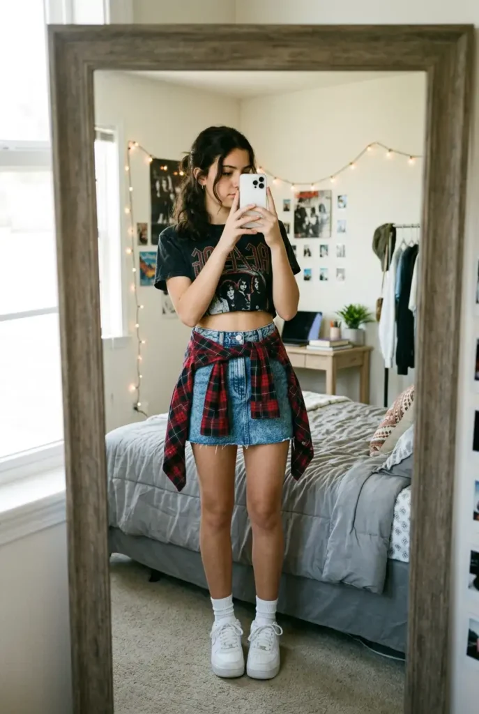 Summer Birthday Outfit Ideas for Teens: graphic crop tee, denim mini skirt & tied flannel with sneakers