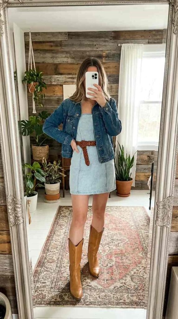 Casual Outdoor Pre-Wedding Outfit Ideas: light denim mini dress layered with a dark jacket and cowboy boots