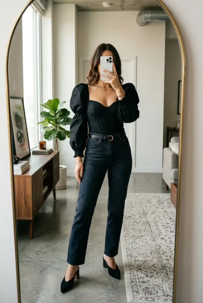 Family Birthday Outfit Ideas for Women: black puff-sleeve corset top with dark jeans and heels